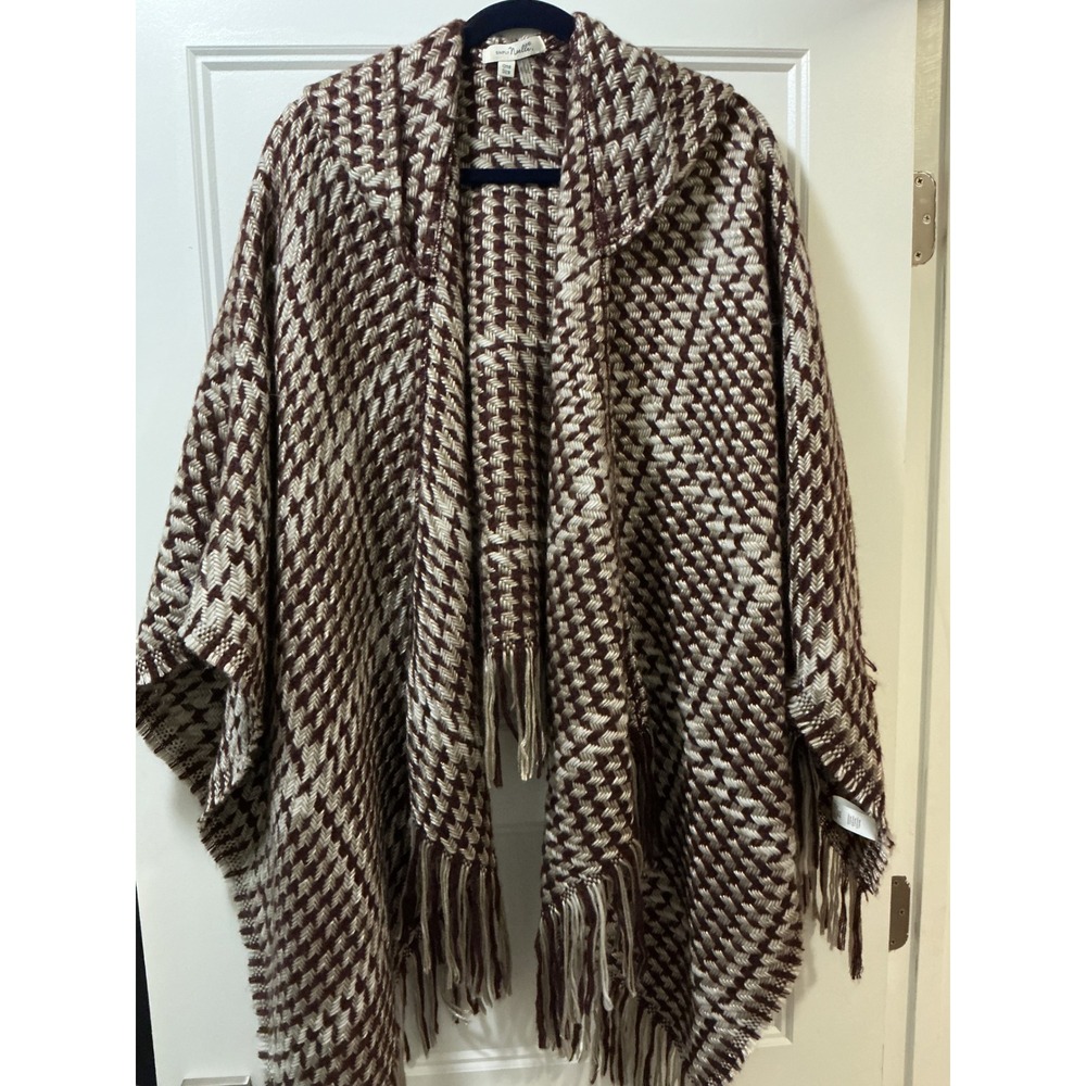 Simply Noelle Womens Hooded Poncho Wrap Burgundy Cream Geometric Fringe One Size